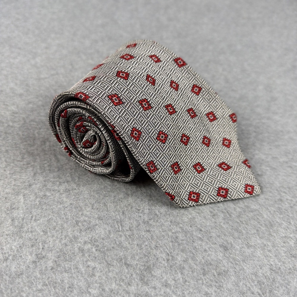 Vintage Garrick Anderson Silk Tie Gray Red Geometric USA Handmade 90s 58x3.75"